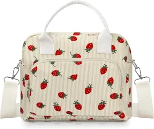 Lunch Box for Women Insulated Lunch Bag Cute Corduroy Lunch Tote Bags Lightweight Reusable Leakproof Cooler Bag with Adjustable Shoulder Strap for Work Office Travel Picnic (Strawberry)