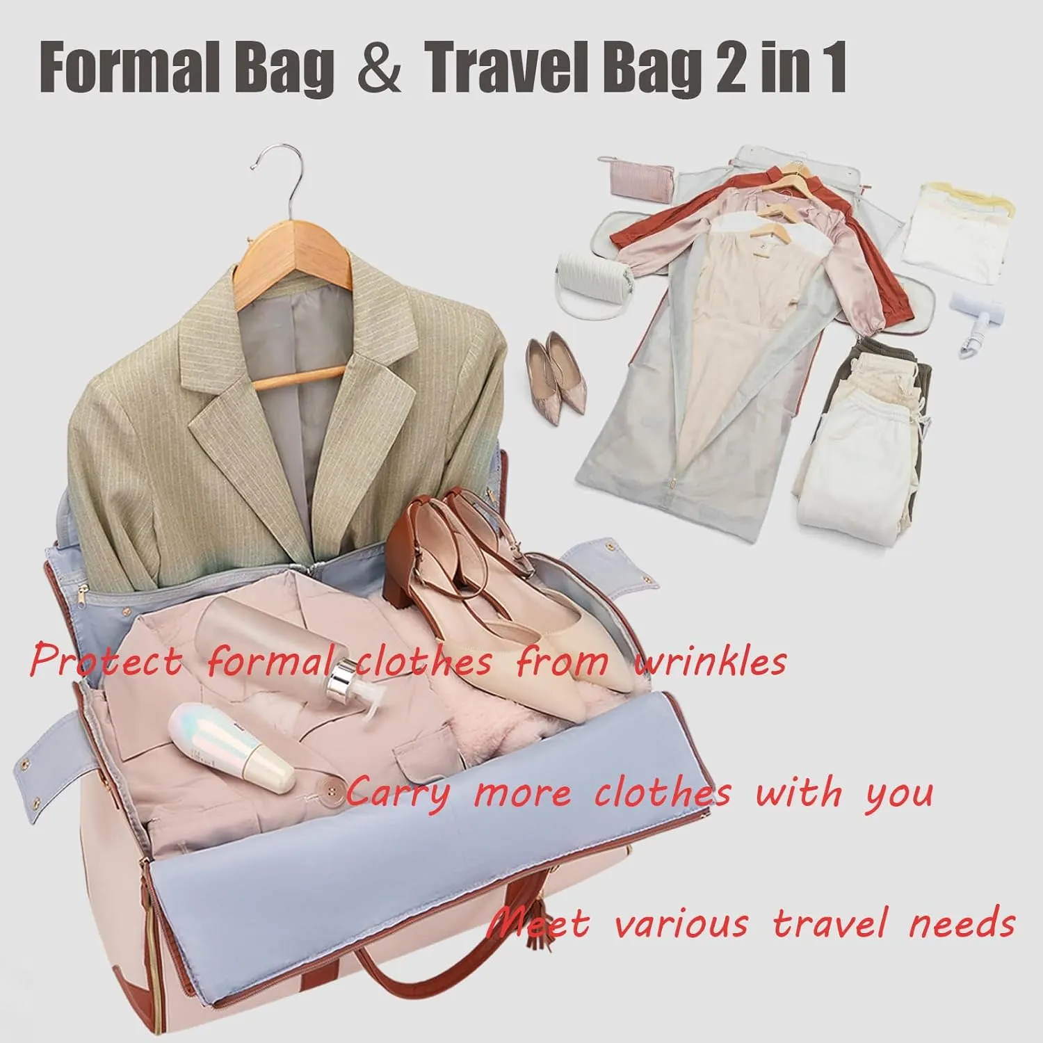 Luxe Bag with Wheels, Convertible Luxe Bag Travel with Removable Wheels, High Capacity Handbag Travel with Shoe Compartment (Light Blue)