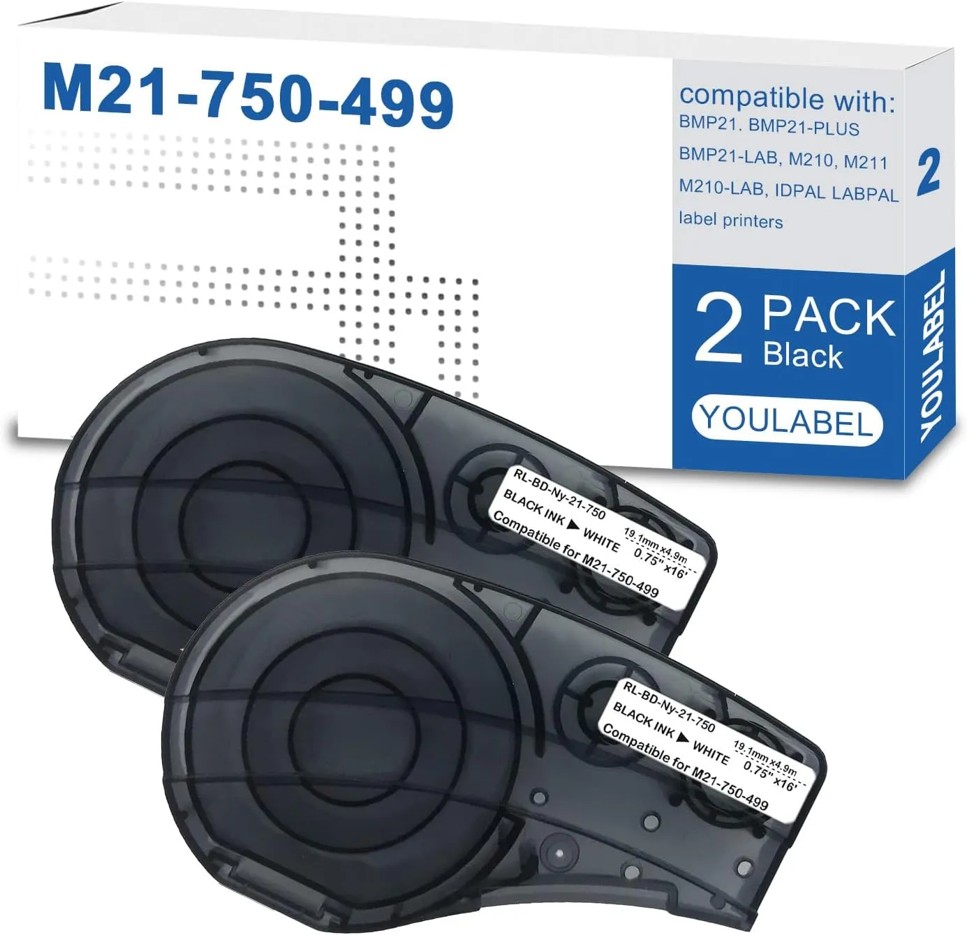 M21-750-499 Label Tape Compatible Label Tape Replacement for (M21-750-499) Nylon Label for General ID, Black on White- Designed for M210, M210-LAB, M211, BMP21-PLUS Printers, .75" W 16' L (2 Pack)