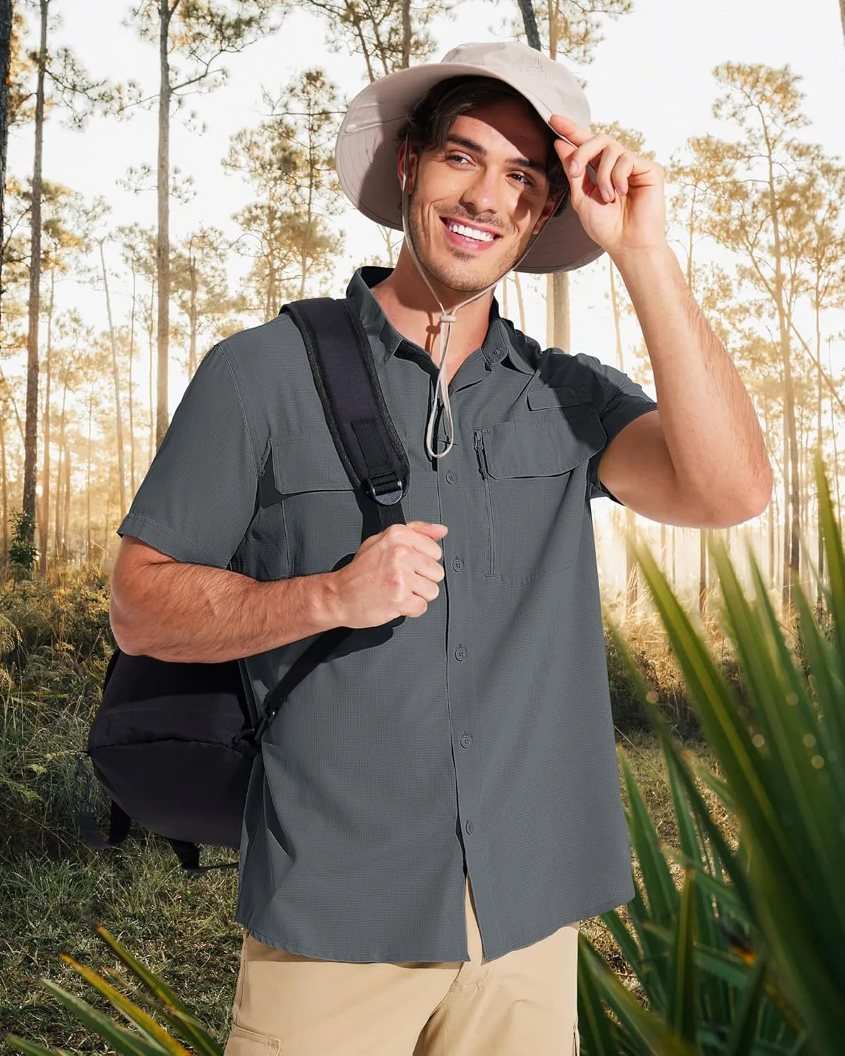 MAGCOMSEN Men's Fishing Shirts UPF 50  Short Sleeve Sun Protection Shirts Quick Dry Cooling Button Down Shirt Hiking Safari