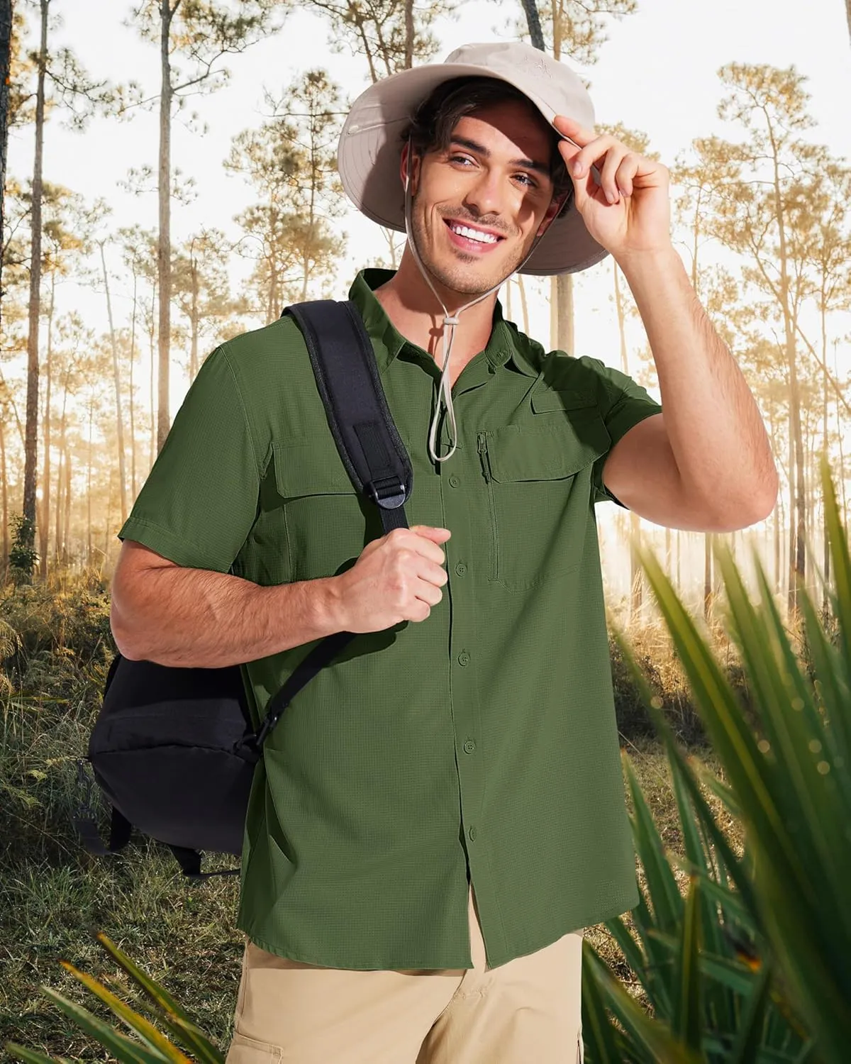 MAGCOMSEN Men's Fishing Shirts UPF 50  Short Sleeve Sun Protection Shirts Quick Dry Cooling Button Down Shirt Hiking Safari