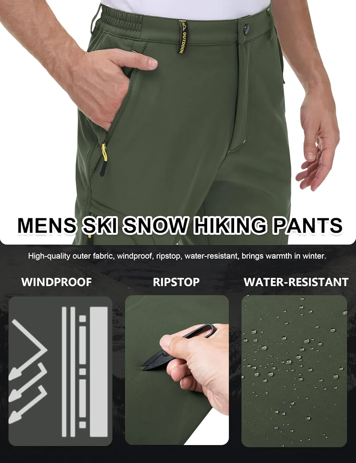 MAGCOMSEN Men's Winter Pants 5 Zip Pockets Snow Ski Pants Fleece Lined Water Resistant Hiking Pants