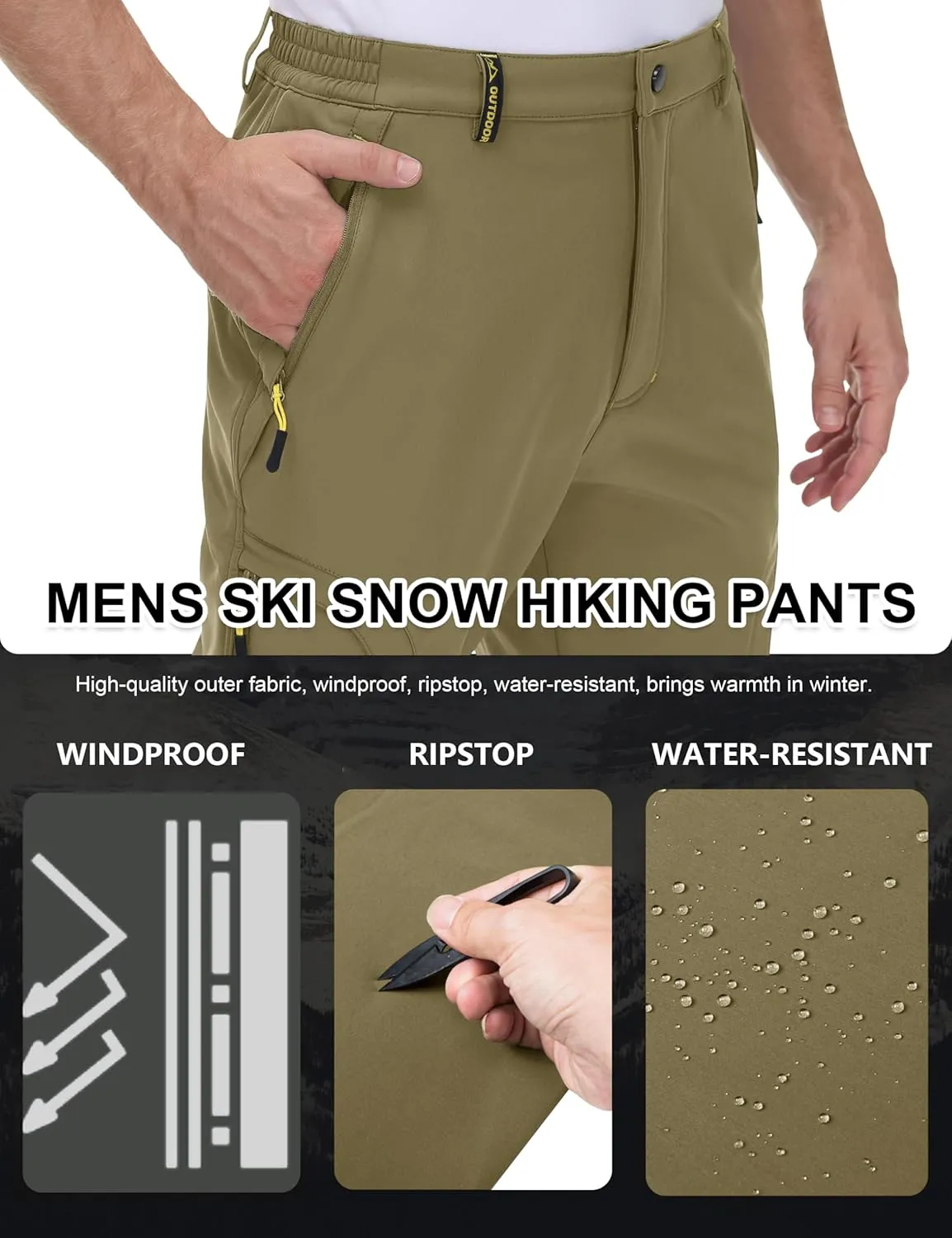 MAGCOMSEN Men's Winter Pants 5 Zip Pockets Snow Ski Pants Fleece Lined Water Resistant Hiking Pants