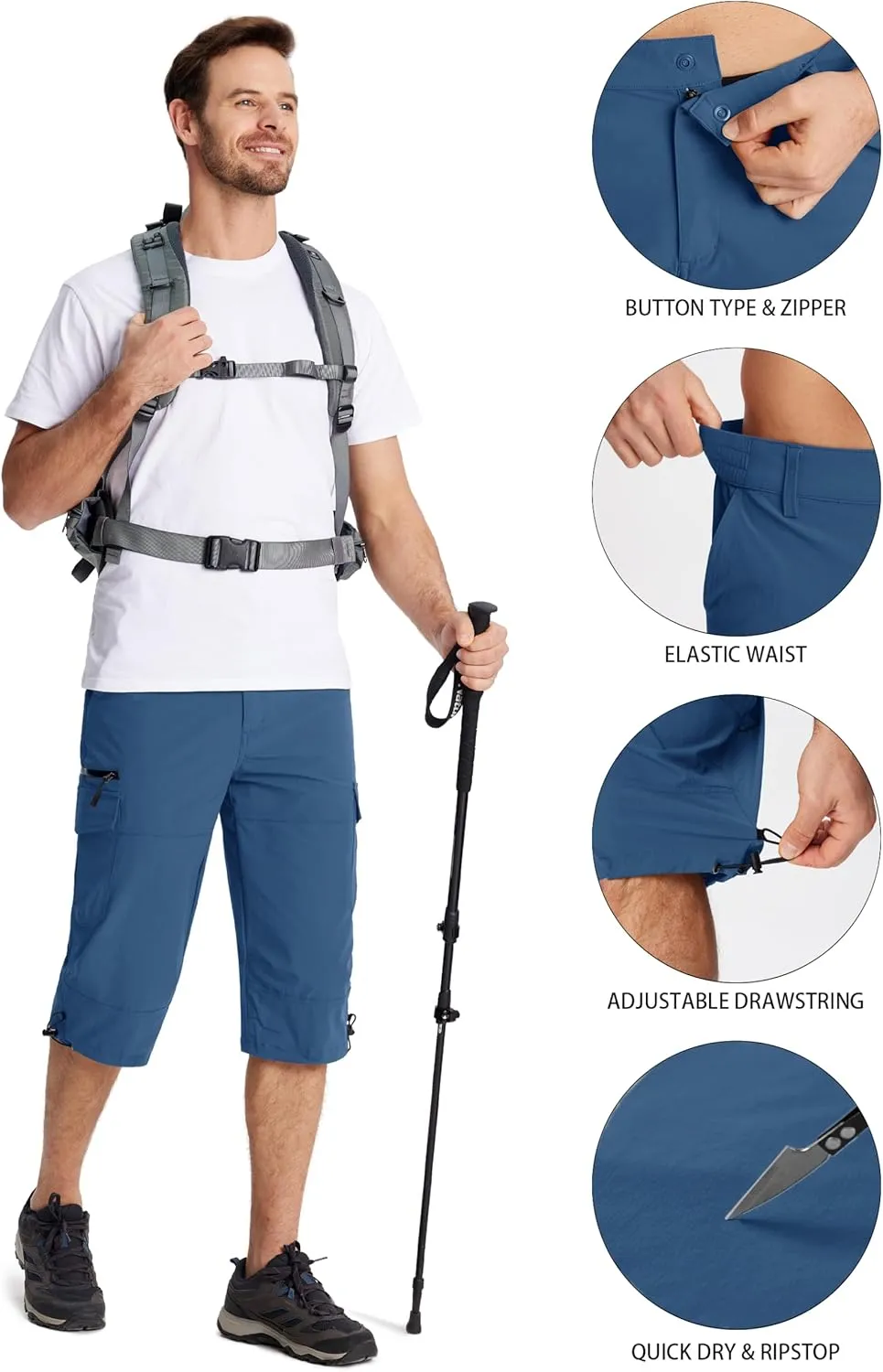 MAGCOMSEN Men's Workout Shorts 7 Pockets Quick Dry 3/4 Capri Pants Zipper Pockets Hiking Athletic Shorts