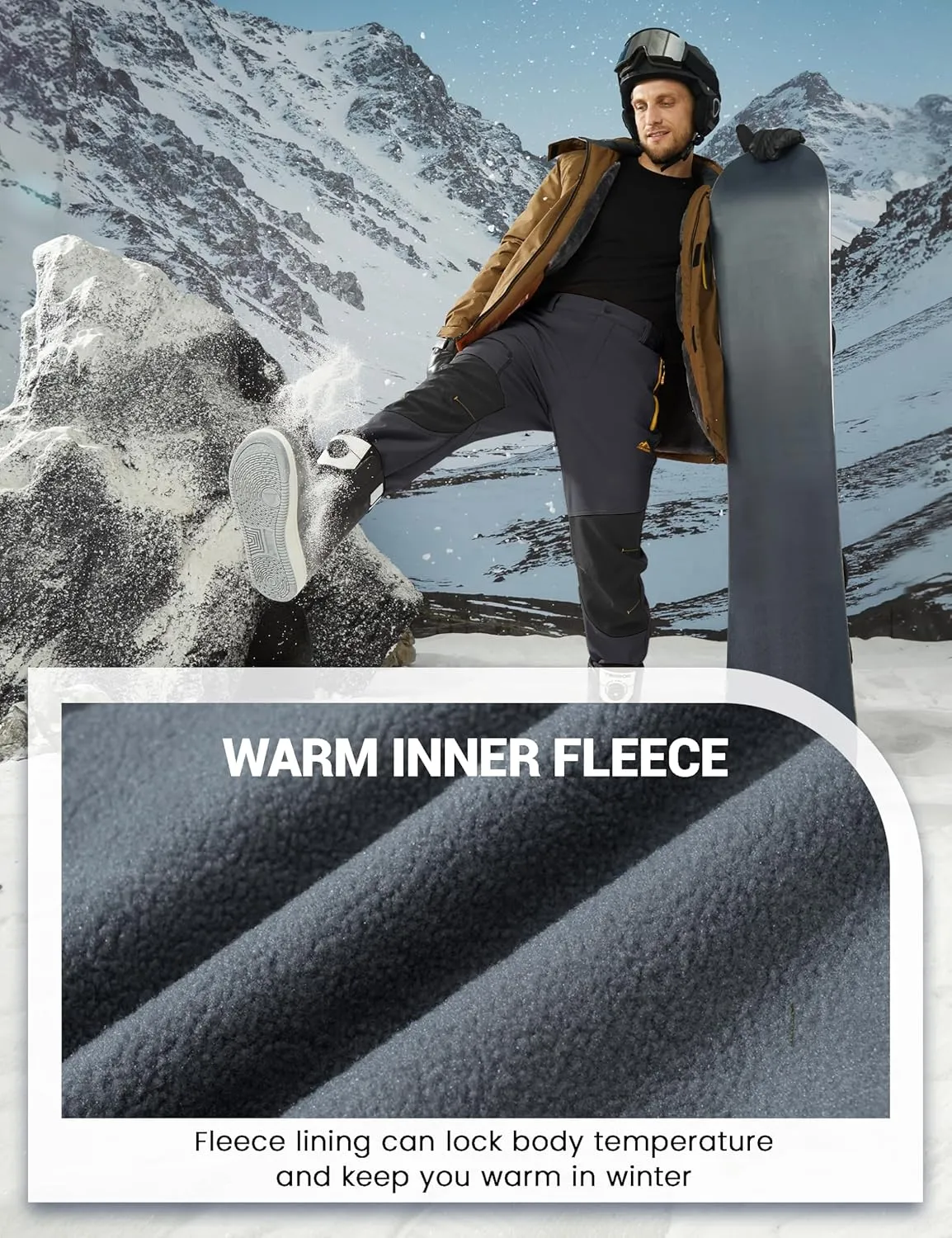 MAGCOMSEN Winter Pants for Men Snow Ski Pants Fleece Lined Water Resistant Softshell Hiking Pants 4 Pockets