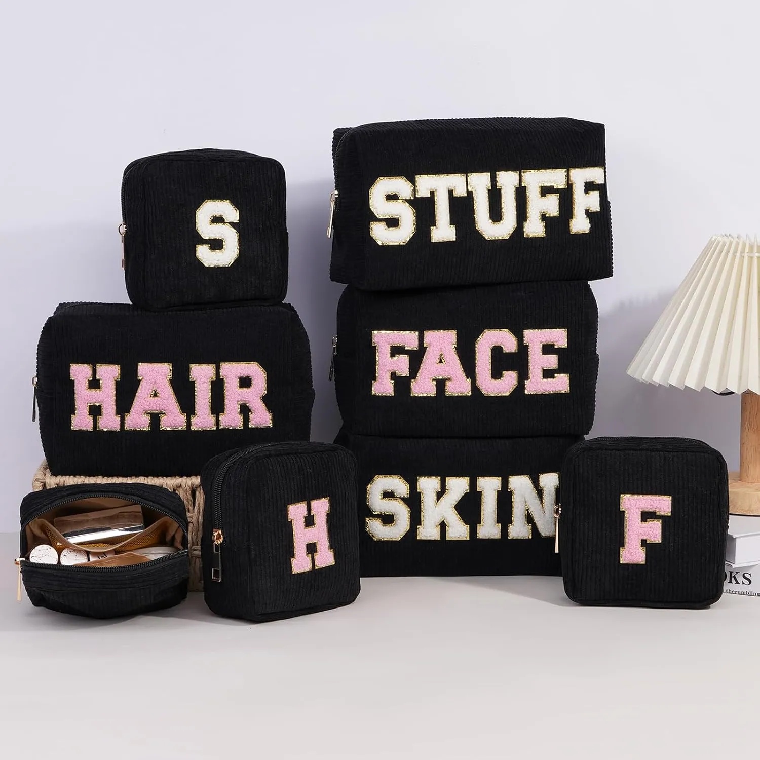 MAGEFY Makeup Bag，2 Pcs Initial Cute Makeup Bag for Purse Corduroy Cosmetic Bag for Girls Women Small Travel Makeup Pouch with Zipper (Black-STUFF S)