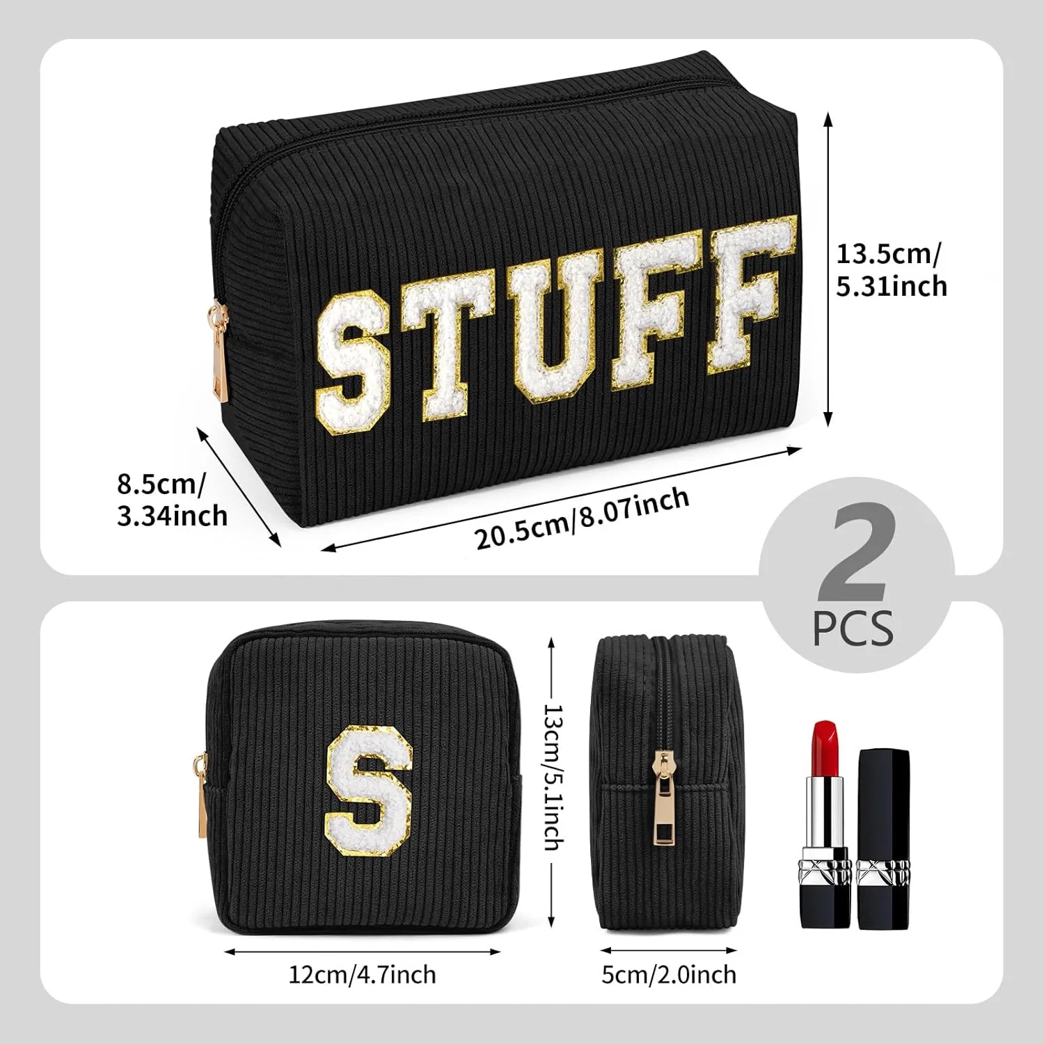 MAGEFY Makeup Bag，2 Pcs Initial Cute Makeup Bag for Purse Corduroy Cosmetic Bag for Girls Women Small Travel Makeup Pouch with Zipper (Black-STUFF S)
