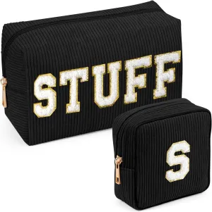 MAGEFY Makeup Bag，2 Pcs Initial Cute Makeup Bag for Purse Corduroy Cosmetic Bag for Girls Women Small Travel Makeup Pouch with Zipper (Black-STUFF S)