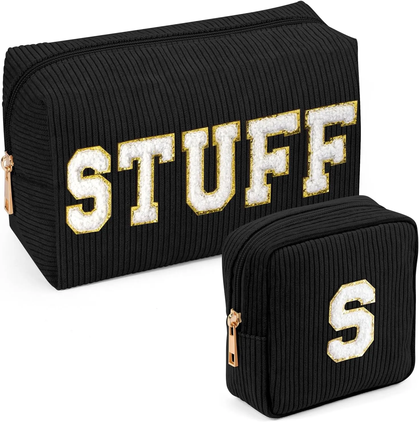 MAGEFY Makeup Bag，2 Pcs Initial Cute Makeup Bag for Purse Corduroy Cosmetic Bag for Girls Women Small Travel Makeup Pouch with Zipper (Black-STUFF S)