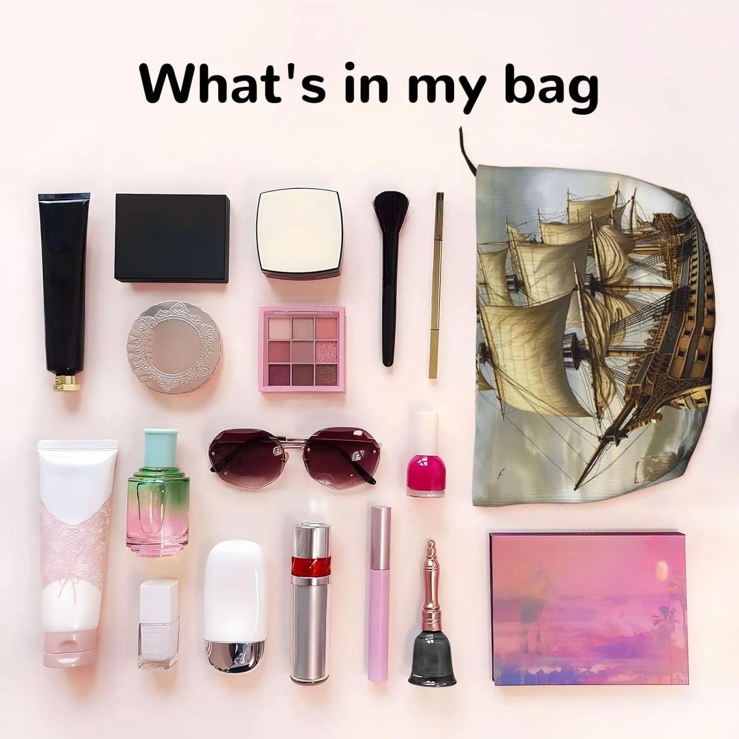 Makeup Bag for Women Age of Discovery Ship Cosmetic Bag Large Capacity Portable Makeup Organizer Bags Corduroy Travel Toiletry Bag Cute Aesthetic Zipper Makeup Pouch