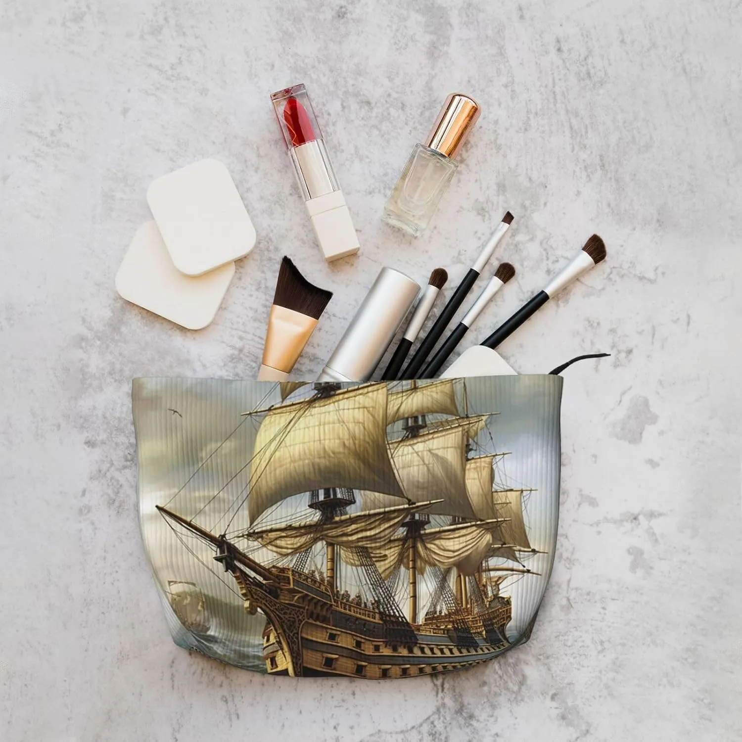 Makeup Bag for Women Age of Discovery Ship Cosmetic Bag Large Capacity Portable Makeup Organizer Bags Corduroy Travel Toiletry Bag Cute Aesthetic Zipper Makeup Pouch