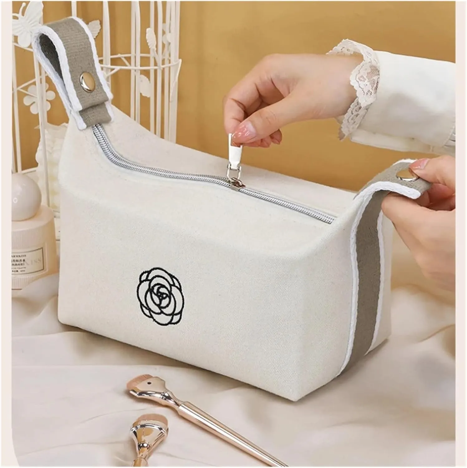 makeup bag Handheld Portable Camellia Canvas Makeup Bag for Travel Large Capacity Toiletries Cosmetics Skincare Storage Bag(Black)