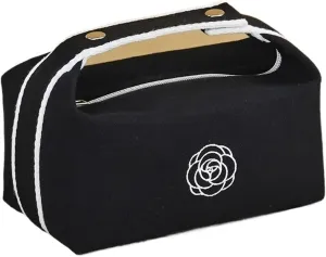 makeup bag Handheld Portable Camellia Canvas Makeup Bag for Travel Large Capacity Toiletries Cosmetics Skincare Storage Bag(Black)