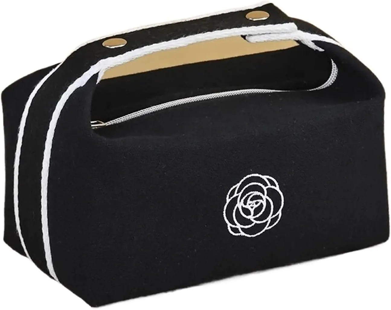 makeup bag Handheld Portable Camellia Canvas Makeup Bag for Travel Large Capacity Toiletries Cosmetics Skincare Storage Bag(Black)