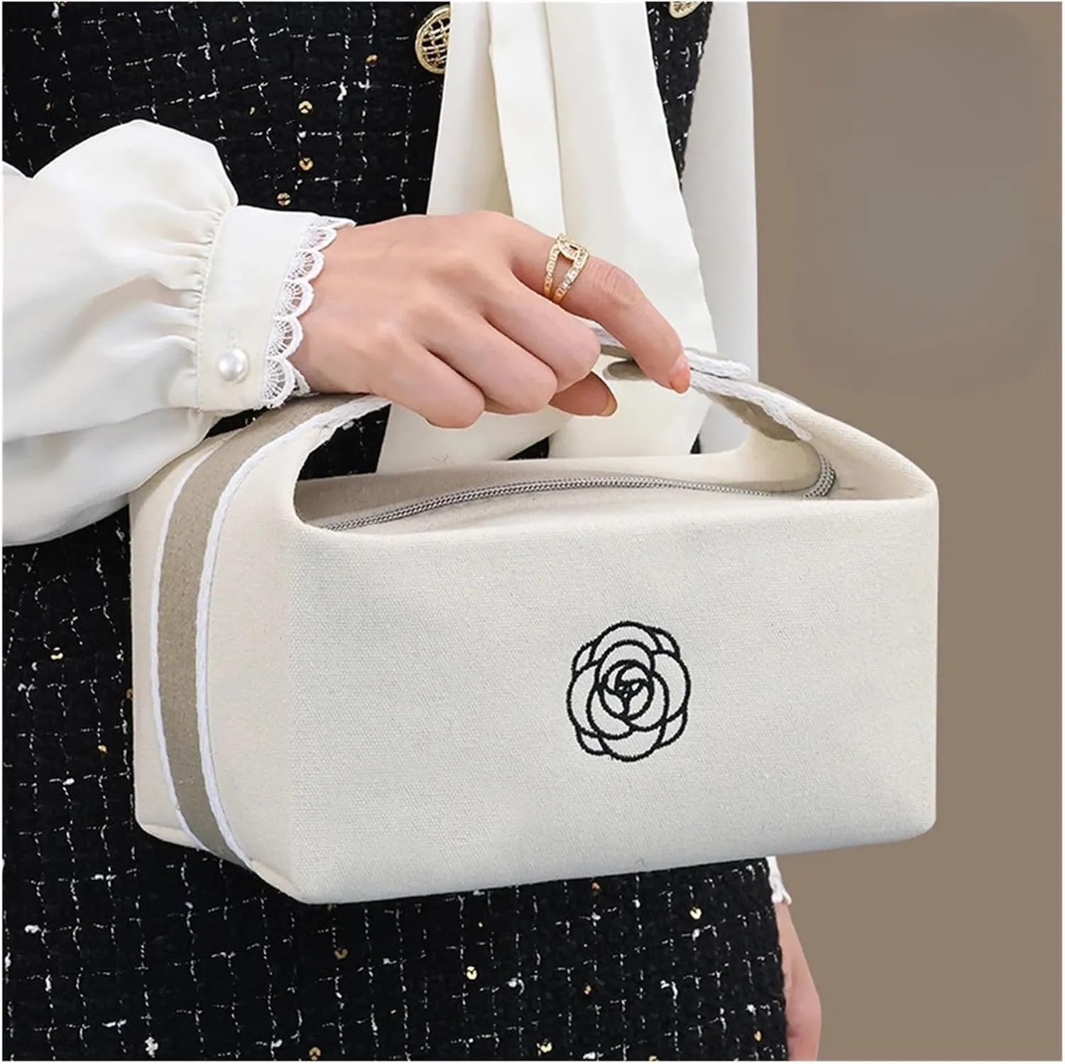 makeup bag Handheld Portable Camellia Canvas Makeup Bag for Travel Large Capacity Toiletries Cosmetics Skincare Storage Bag(Black)