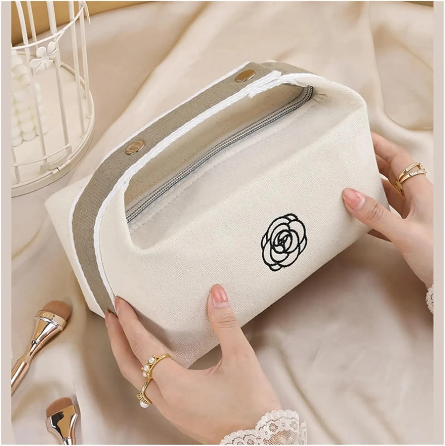 makeup bag Handheld Portable Camellia Canvas Makeup Bag for Travel Large Capacity Toiletries Cosmetics Skincare Storage Bag(Black)