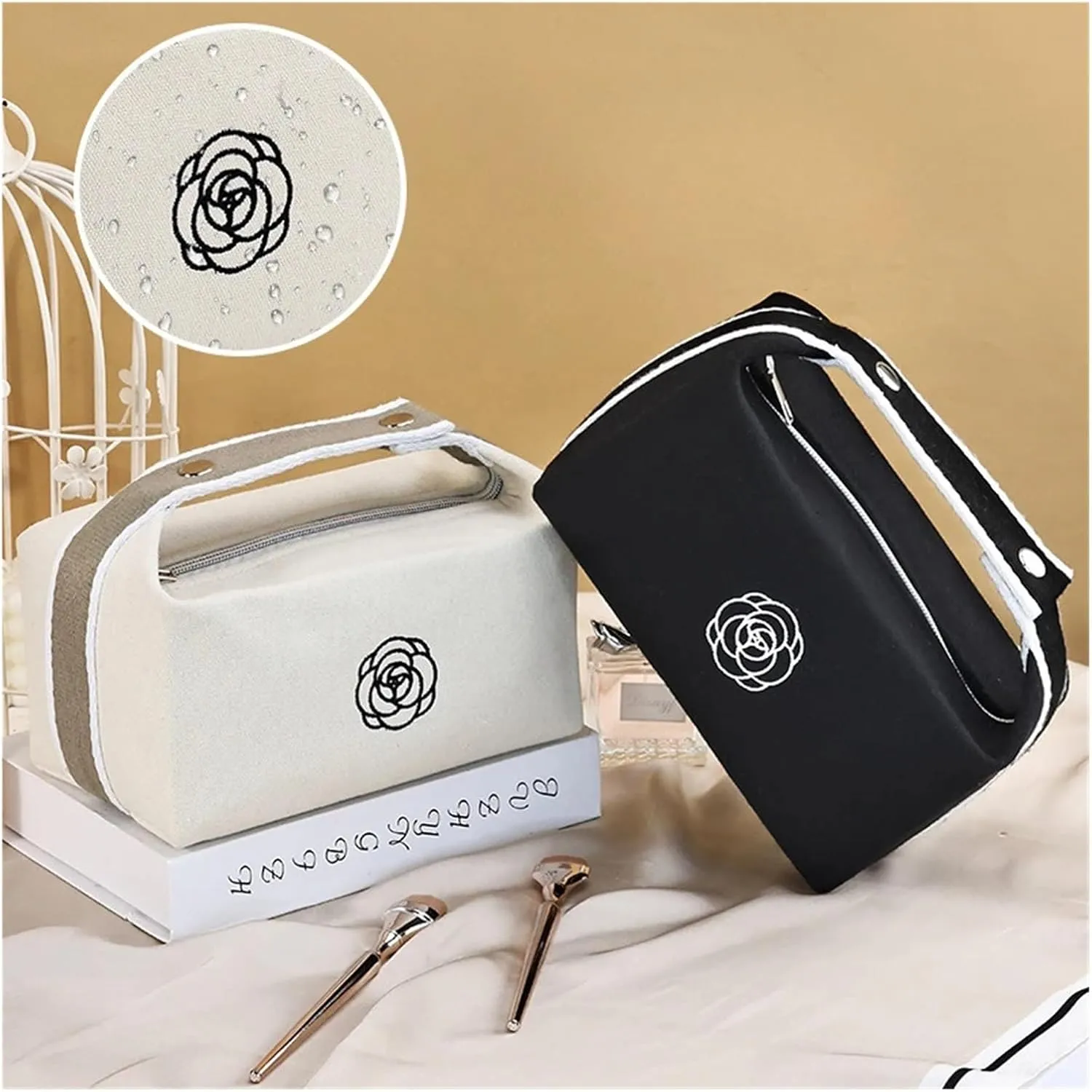 makeup bag Handheld Portable Camellia Canvas Makeup Bag for Travel Large Capacity Toiletries Cosmetics Skincare Storage Bag(Black)