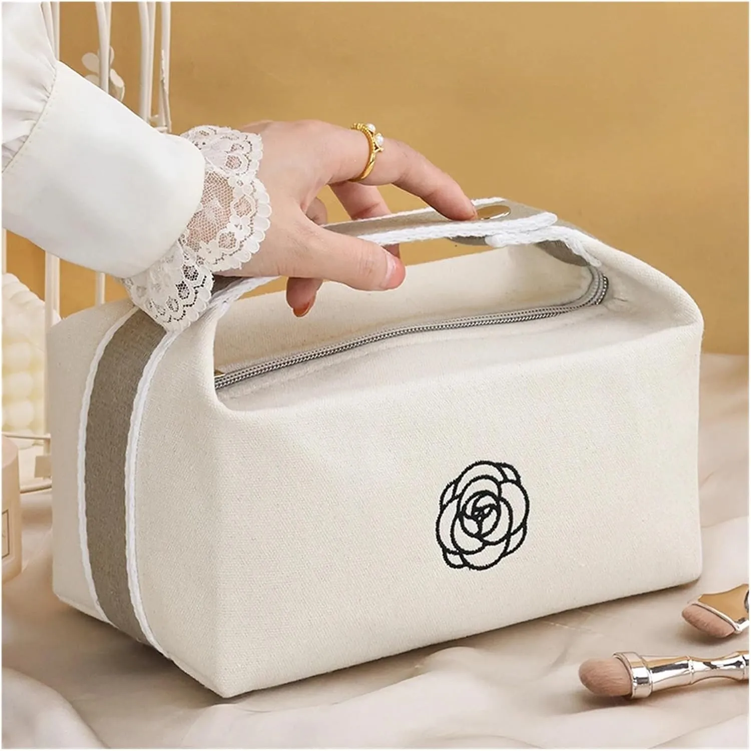 makeup bag Handheld Portable Camellia Canvas Makeup Bag for Travel Large Capacity Toiletries Cosmetics Skincare Storage Bag(Black)