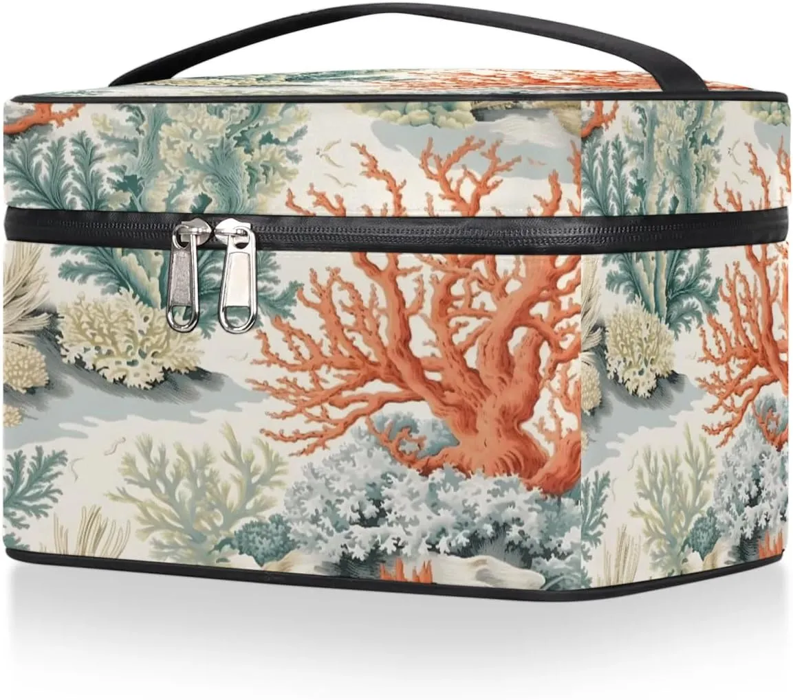 Makeup Bag Large Corals Toiletry Bag for Women Travel Cosmetic Bag Portable Makeup Bag for Bottles Brushes Lipstick Skin Care
