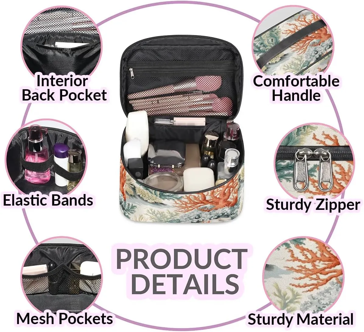 Makeup Bag Large Corals Toiletry Bag for Women Travel Cosmetic Bag Portable Makeup Bag for Bottles Brushes Lipstick Skin Care