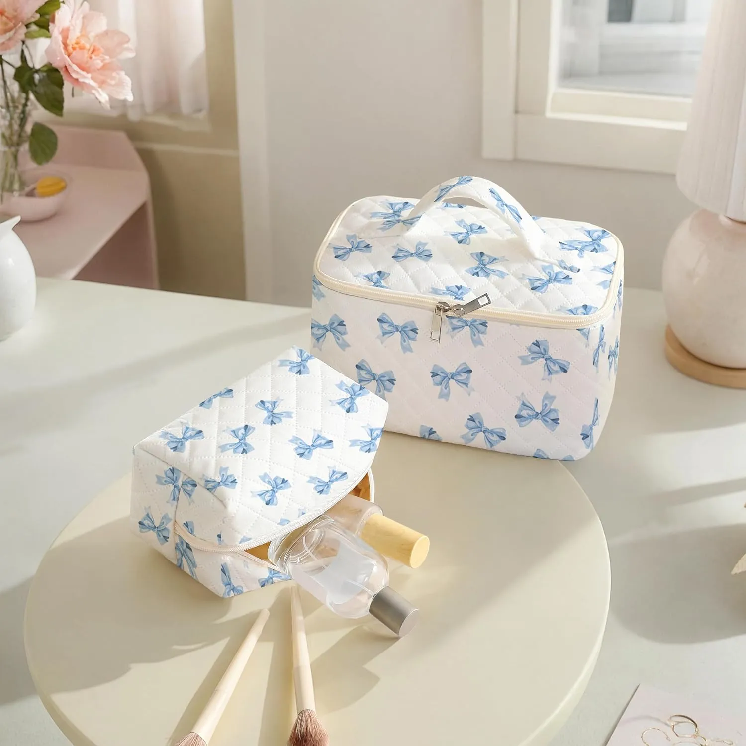 Makeup Bag,Travel Toiletry Organizer,Cute Quilted Cotton Cosmetic Pouch,Portable Make Up Bags For Women Friendship Gift Set