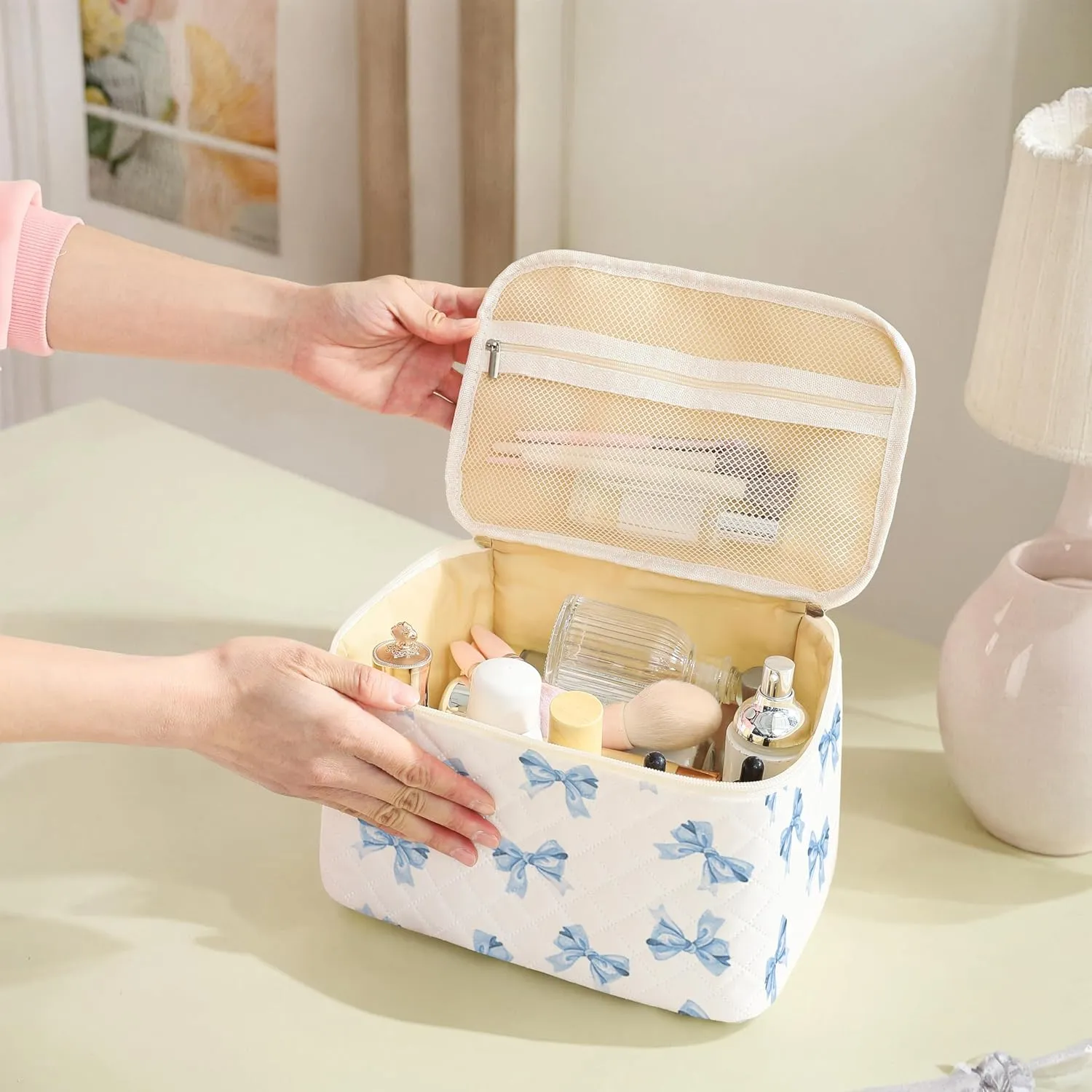 Makeup Bag,Travel Toiletry Organizer,Cute Quilted Cotton Cosmetic Pouch,Portable Make Up Bags For Women Friendship Gift Set