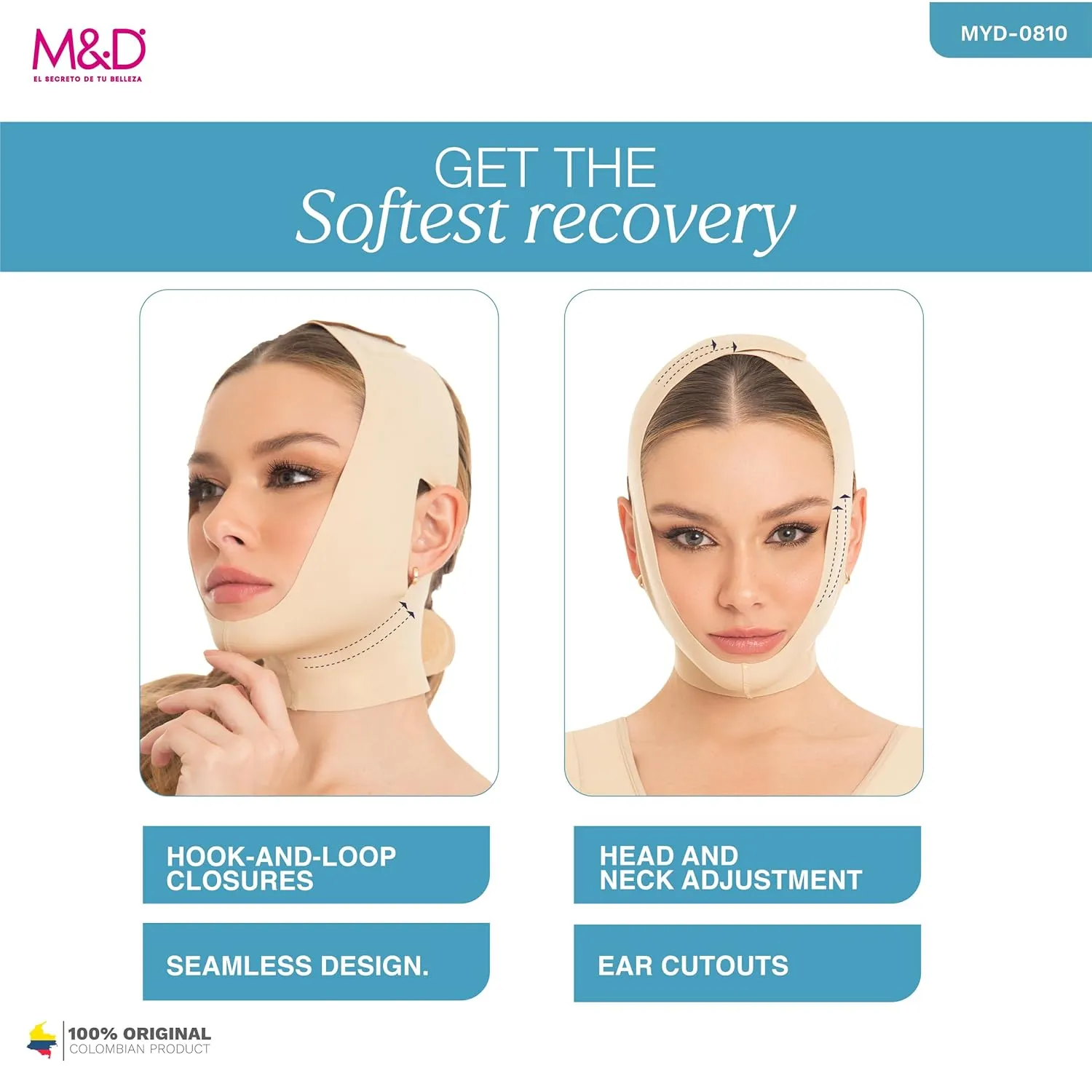 M&D Face Slimming Chin Strap Lipo Compression Garment Mentonera Postquirúrgica Facial Beige S