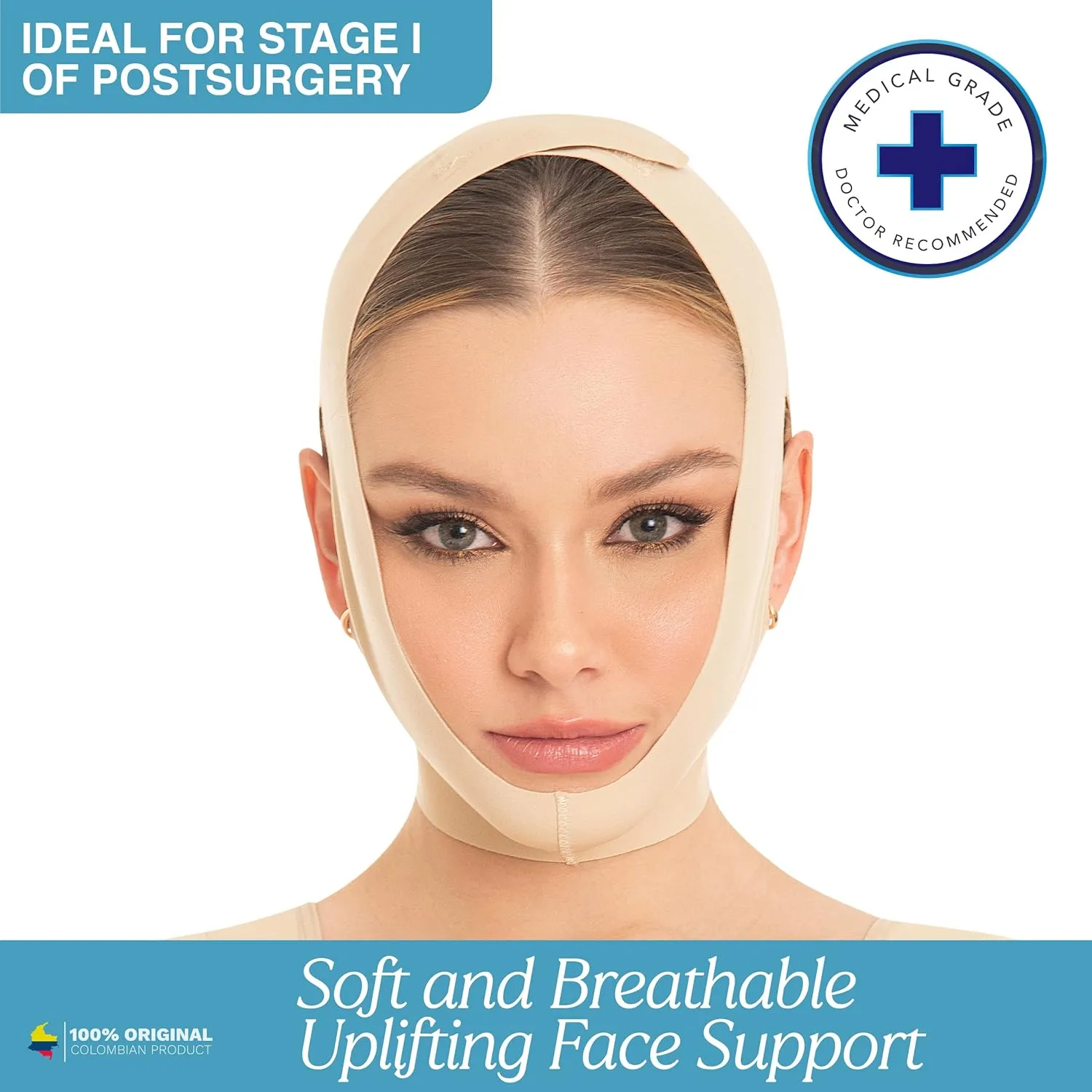 M&D Face Slimming Chin Strap Lipo Compression Garment Mentonera Postquirúrgica Facial Beige S