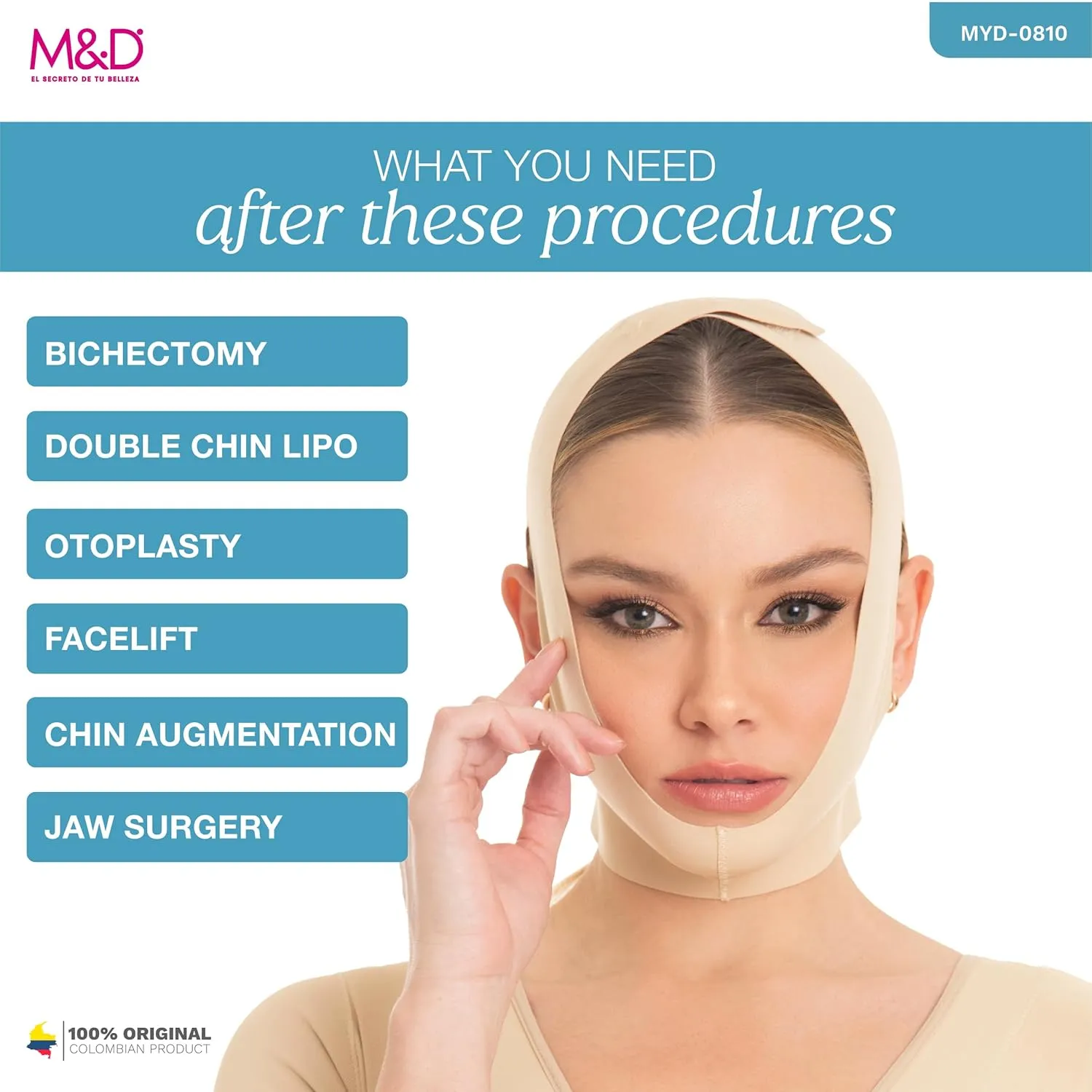 M&D Face Slimming Chin Strap Lipo Compression Garment Mentonera Postquirúrgica Facial Beige S