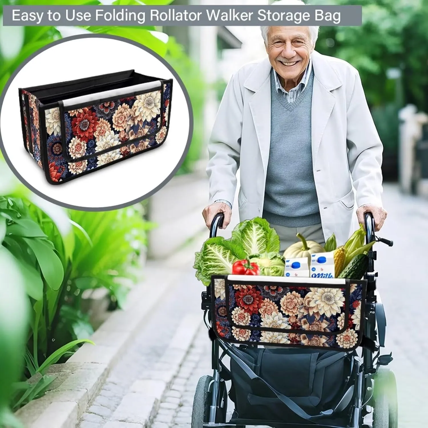 Mandala Floral Walker Basket Walker Accessories Walker Bags for Folding Walker for Four Wheel Rollator Seniors Accessory Attachment for Folding