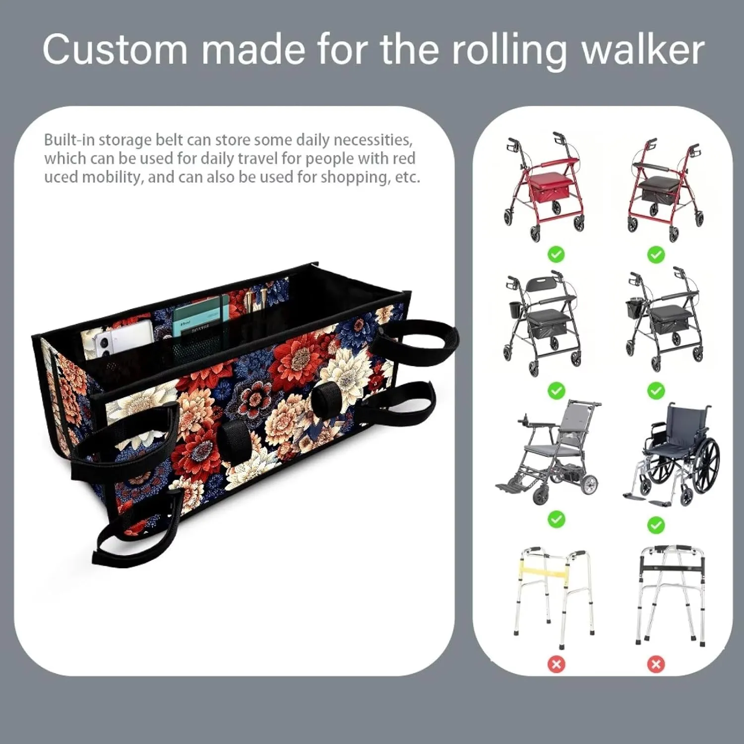 Mandala Floral Walker Basket Walker Accessories Walker Bags for Folding Walker for Four Wheel Rollator Seniors Accessory Attachment for Folding