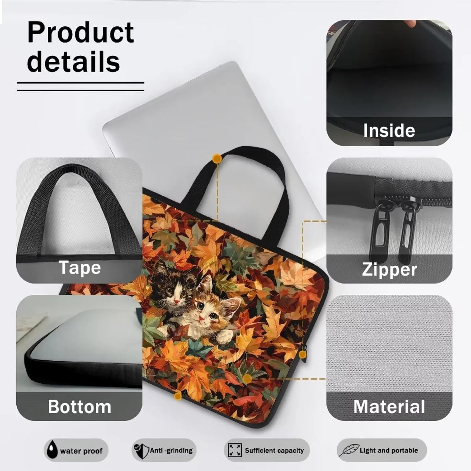 Maple Leaf Cats Laptop Case 17 Inch, Waterproof Thanksgiving Decor Laptop Sleeve for Women, Portable Laptop Cover Computer Carrying Bag Cases with Handle, Fits Tablet/Notebook/Reader