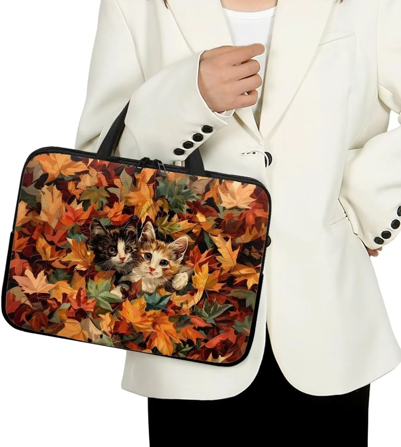 Maple Leaf Cats Laptop Case 17 Inch, Waterproof Thanksgiving Decor Laptop Sleeve for Women, Portable Laptop Cover Computer Carrying Bag Cases with Handle, Fits Tablet/Notebook/Reader