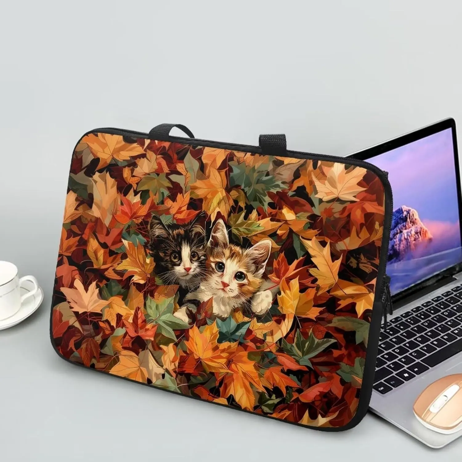Maple Leaf Cats Laptop Case 17 Inch, Waterproof Thanksgiving Decor Laptop Sleeve for Women, Portable Laptop Cover Computer Carrying Bag Cases with Handle, Fits Tablet/Notebook/Reader