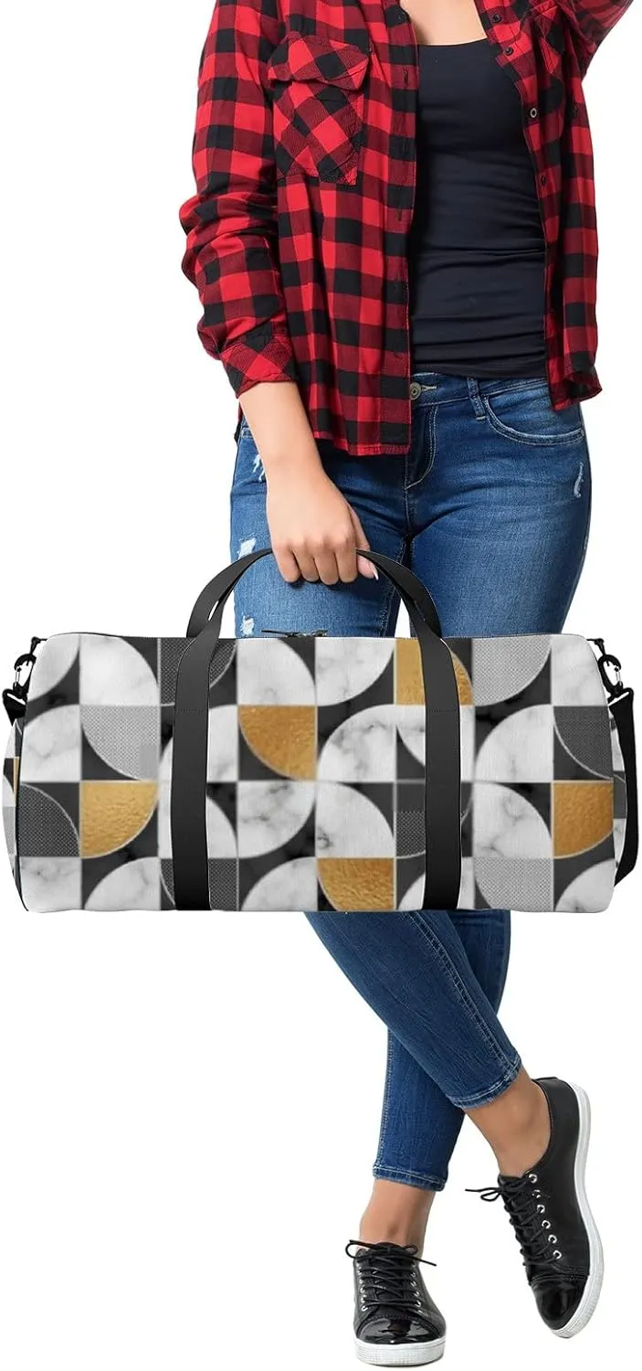 Marble Texture Golden Geometry Sports Duffel Bag Travel Gym Tote Bags Lightweight Durable Shoulder Strap Waterproof Polyester Outside Mesh Pocket Overnight Trip Duffel Bag for Women Men