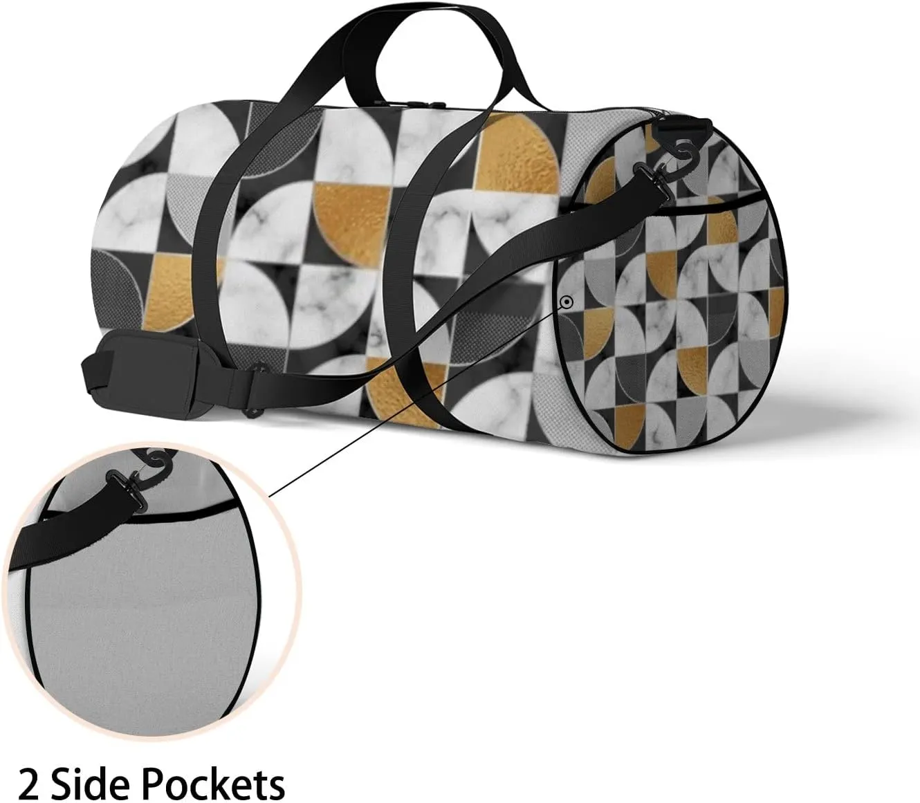 Marble Texture Golden Geometry Sports Duffel Bag Travel Gym Tote Bags Lightweight Durable Shoulder Strap Waterproof Polyester Outside Mesh Pocket Overnight Trip Duffel Bag for Women Men