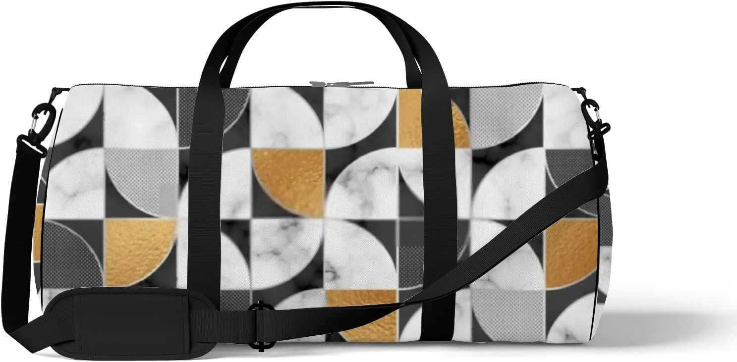 Marble Texture Golden Geometry Sports Duffel Bag Travel Gym Tote Bags Lightweight Durable Shoulder Strap Waterproof Polyester Outside Mesh Pocket Overnight Trip Duffel Bag for Women Men
