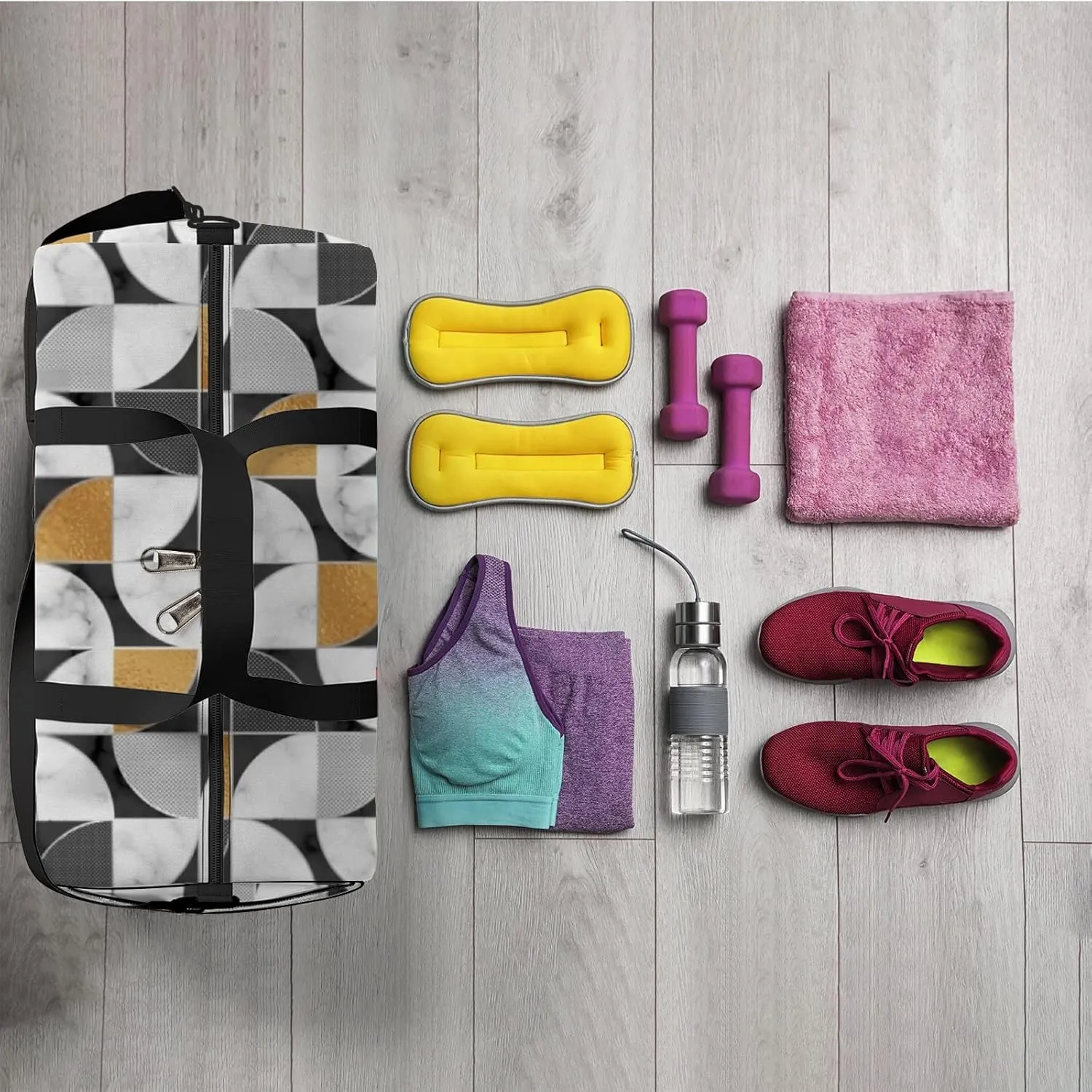 Marble Texture Golden Geometry Sports Duffel Bag Travel Gym Tote Bags Lightweight Durable Shoulder Strap Waterproof Polyester Outside Mesh Pocket Overnight Trip Duffel Bag for Women Men