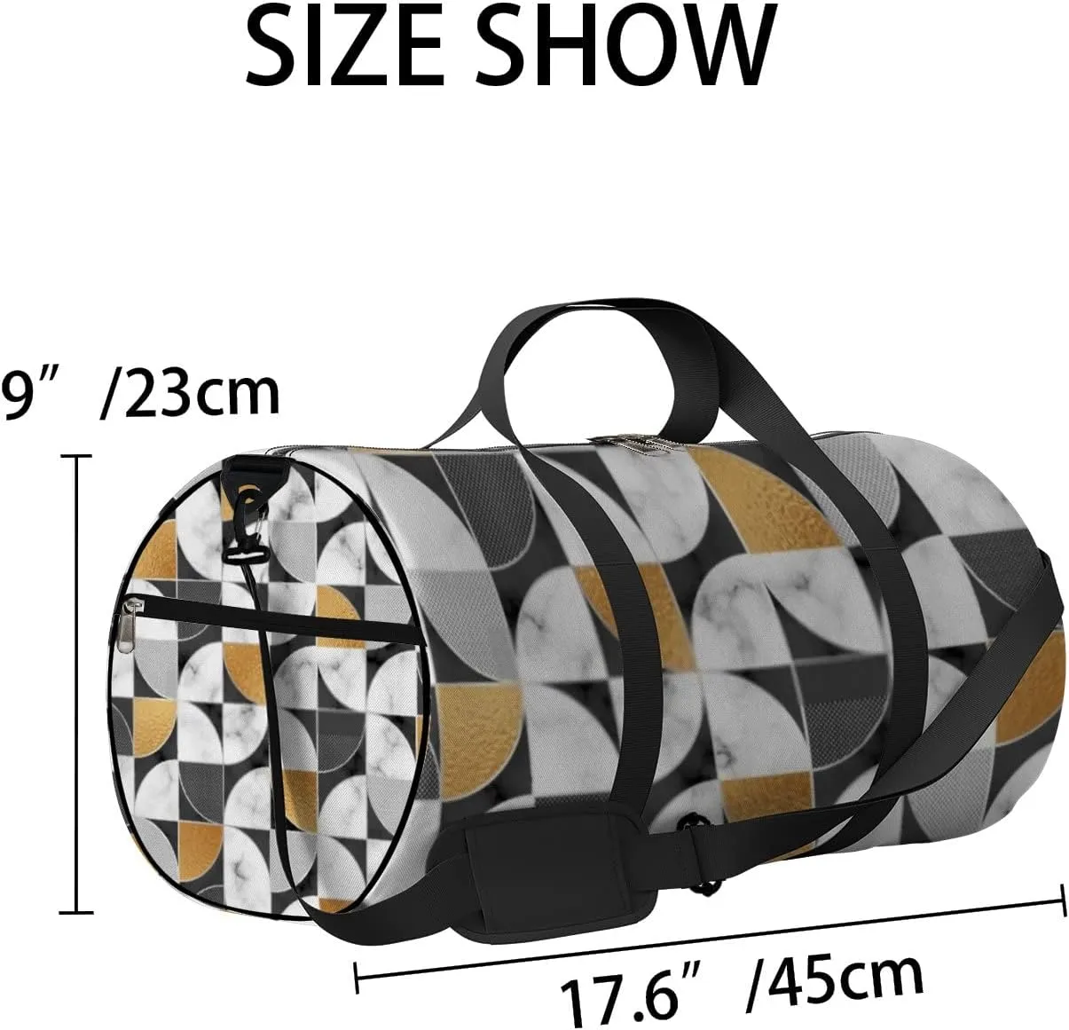 Marble Texture Golden Geometry Sports Duffel Bag Travel Gym Tote Bags Lightweight Durable Shoulder Strap Waterproof Polyester Outside Mesh Pocket Overnight Trip Duffel Bag for Women Men