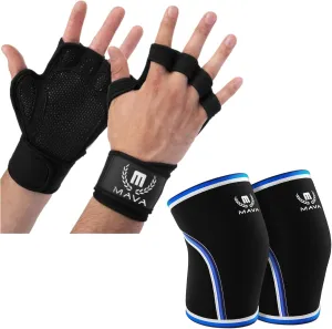 Mava Sports Ventilated Weightlifting Workout Gloves with Wrist Support for Men and Women Knee Compression Sleeves for Weightlifting, WOD, Gym Workout, Powerlifting (Black S)