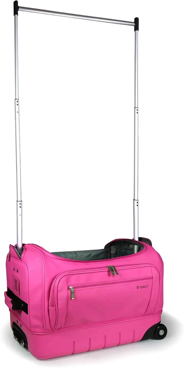Mavii Dance Bag with Garment Rack, 22 Inch Hardcase Bottom Rolling Duffel for Competitions & Travel, Water-resistant/Wipe-Clean Fabric, Lightweight Aluminum Rack, Wheeled Upright Luggage, Hot Pink