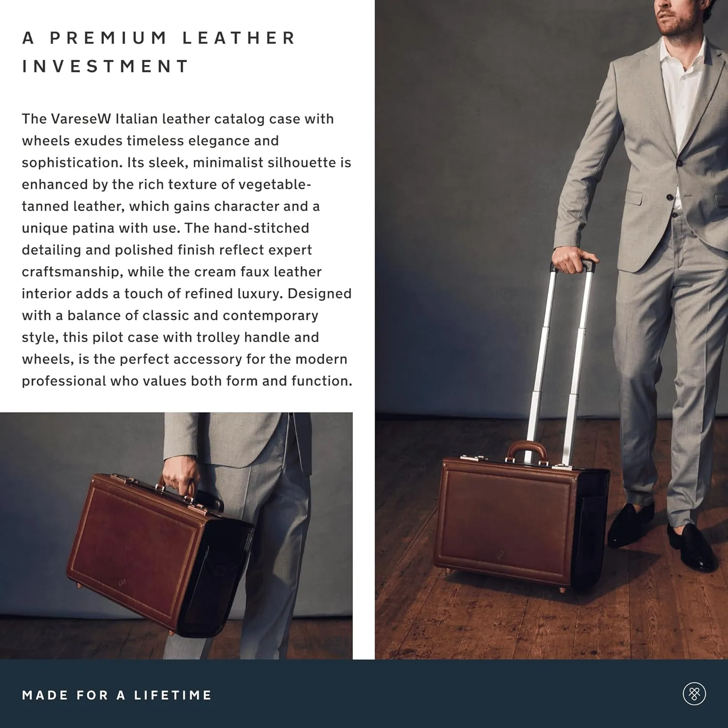 Maxwell Scott - Mens Luxury Leather Rolling Wheeled Pilot Briefcase/Catalog Case and Locks - The VareseW Chestnut Tan