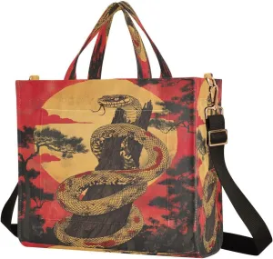 MCHIVER Chinese Snake Red Pine Tote Bag for Women with Inner Zipper Pockets Corduroy Crossbody Shoulder Purse Everyday Bags for Wedding Travel Work 13.7 * 4.9 * 12.2IN