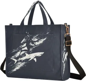MCHIVER Diver Riding Shark Black Tote Bag for Women with Inner Zipper Pockets Corduroy Crossbody Shoulder Purse Gym Beach Bag for Office Work Trip 13.7 * 4.9 * 12.2IN
