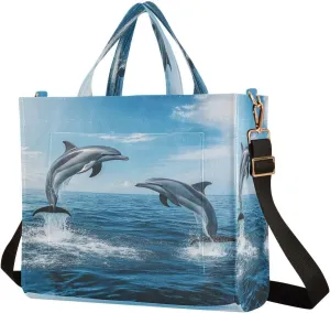 MCHIVER Dolphin Blue Tote Bag for Women with Inner Zipper Pockets Corduroy Crossbody Shoulder Purse Utility Tote for Work Office Trip 13.7 * 4.9 * 12.2IN