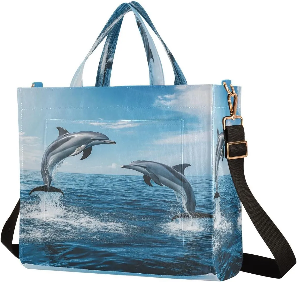 MCHIVER Dolphin Blue Tote Bag for Women with Inner Zipper Pockets Corduroy Crossbody Shoulder Purse Utility Tote for Work Office Trip 13.7 * 4.9 * 12.2IN