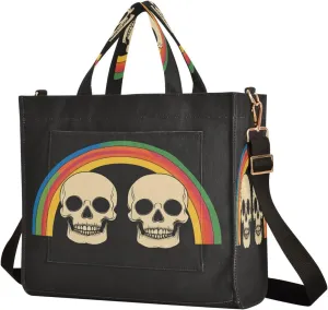 MCHIVER Pride Rainbow Skull Black Tote Bag for Women with Inner Zipper Pockets Corduroy Crossbody Shoulder Purse Side Bag for Travel Office Work 13.7 * 4.9 * 12.2IN