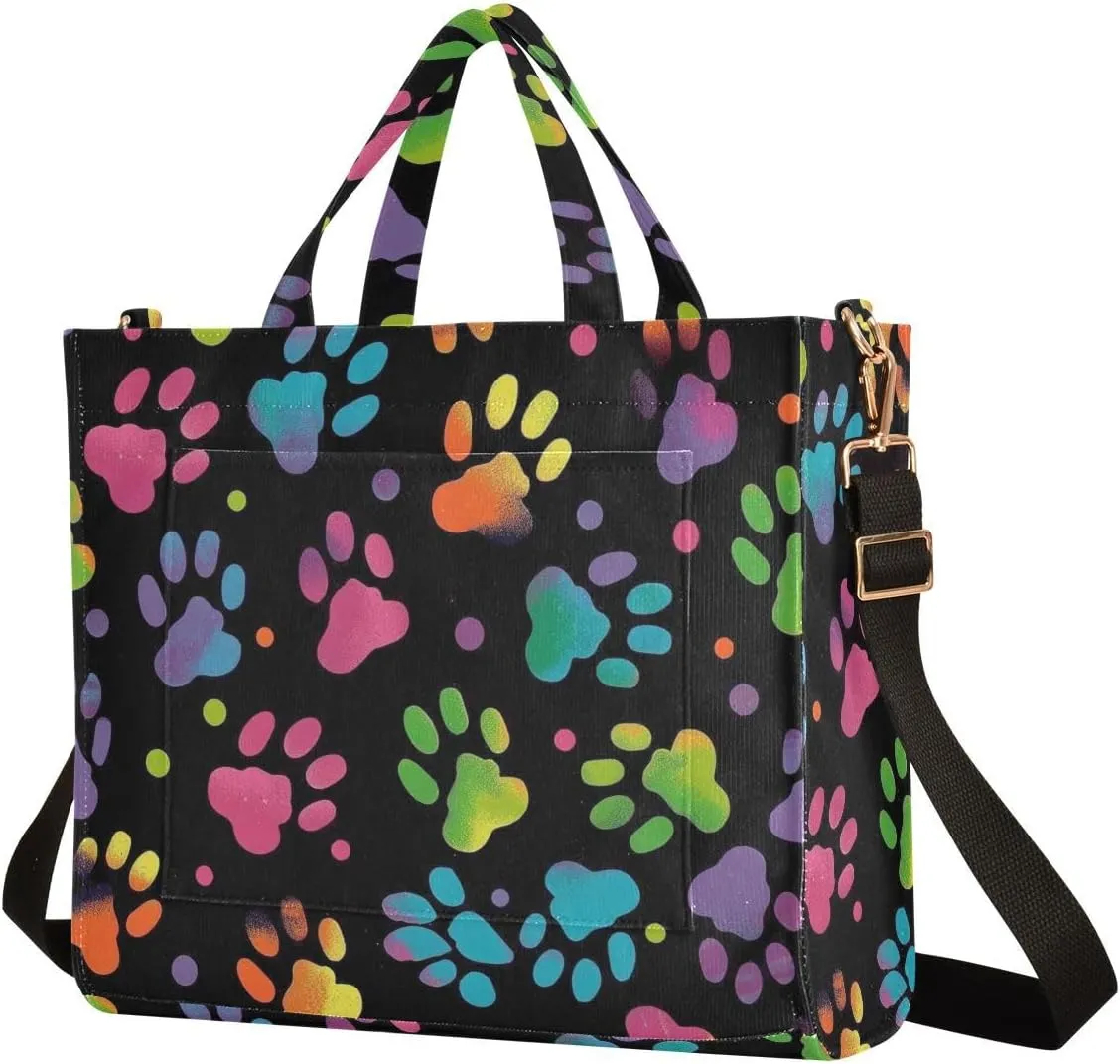 MCHIVER Rainbow Paw Print Tote Bag for Women with Inner Zipper Pockets Corduroy Crossbody Shoulder Purse Satchel Bag for Travel Office Work 13.7 * 4.9 * 12.2IN