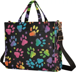 MCHIVER Rainbow Paw Print Tote Bag for Women with Inner Zipper Pockets Corduroy Crossbody Shoulder Purse Satchel Bag for Travel Office Work 13.7 * 4.9 * 12.2IN