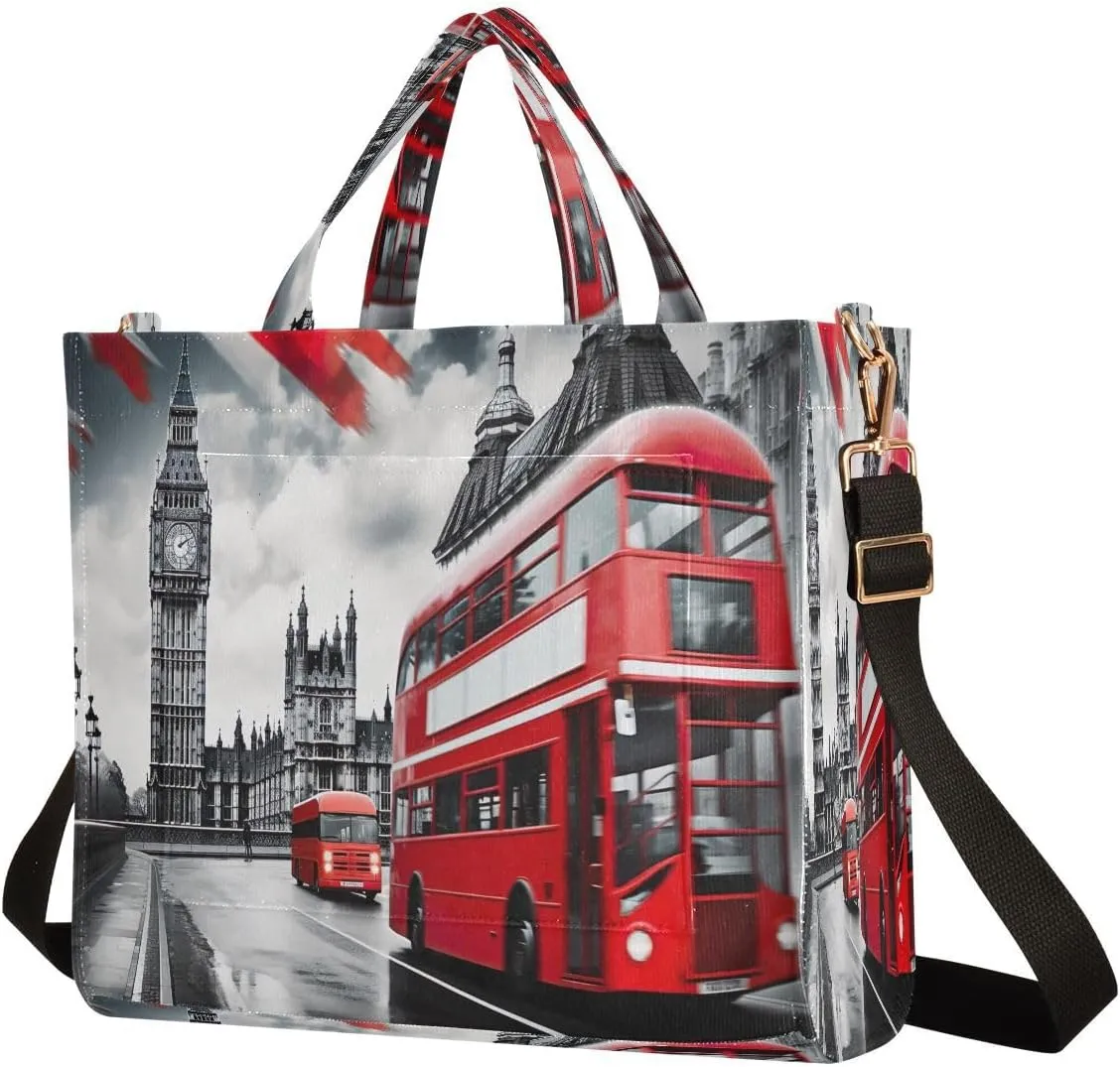 MCHIVER Red Double Decker London Tote Bag for Women with Inner Zipper Pockets Corduroy Crossbody Shoulder Purse Utility Tote for Trip Office Work 13.7 * 4.9 * 12.2IN